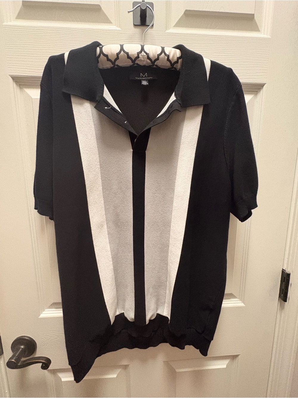 Magaschoni Black and White Vertical-Stripe Polo